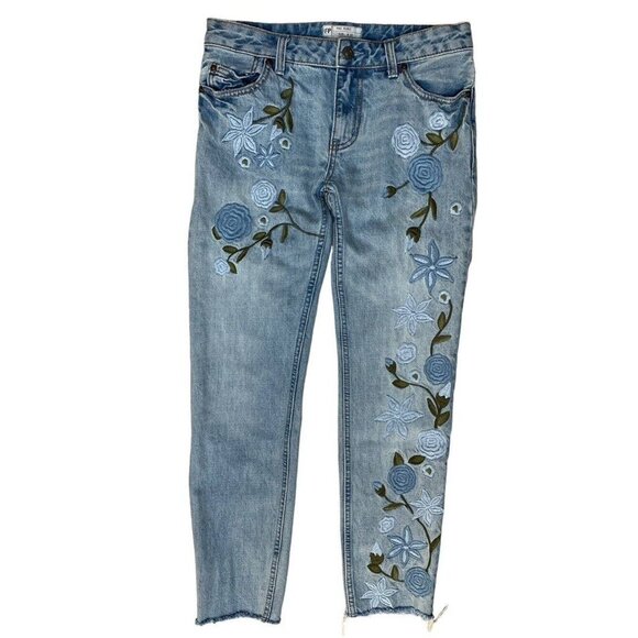 FREE PEOPLE Sz 25 Jeans Floral Embroidered Denim Low Rise Blue Boho Retro Y2K - Picture 5 of 15